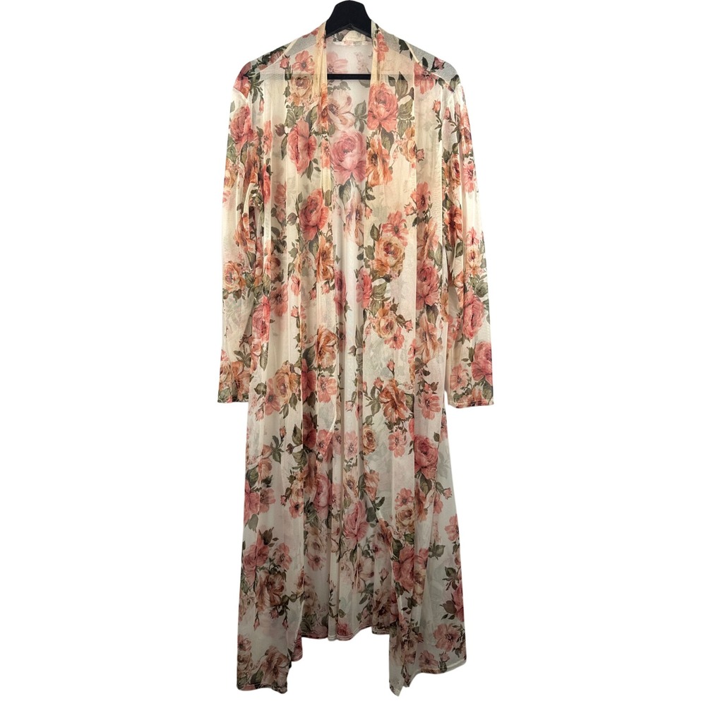 VTG OBJEX Floral Mesh Duster Cardigan sz 3X sheer cottage core  boho chic